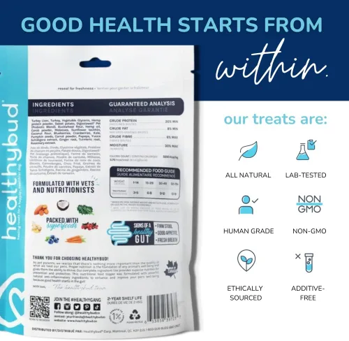 Vista 2 de healthybud Turkey Gut Booster Dog Treats 4.6oz para estómago sensible, alimentos liofilizados para perros Bocados de pavo 14.1oz