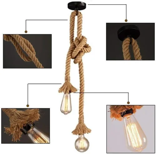 Vista 2 de Lámpara colgante vintage industrial de cuerda de cáñamo estilo retro, lámpara de techo Edison E27 Base de cable de luz