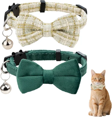 Vista 13 de Collar de gato con campana para niño y niña, pajarita de seguridad, a cuadros, color sólido, conjunto de regalo, lindo festivo, [2 piezas], verde