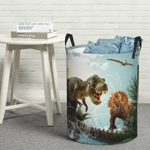 Vista 8 de Cesta de lavandería de dinosaurio 3D con asa duradera, impermeable, plegable, cesta de almacenamiento de ropa sucia circular para baño, dormitorio