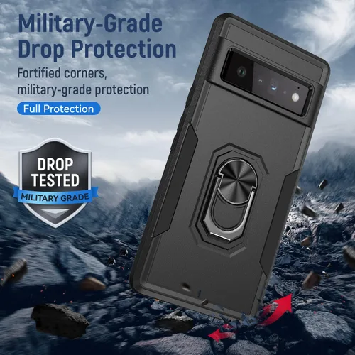 Vista 5 de Funda para Google Pixel 6 Pro con armadura atril anillo magnético resistente de grado militar a prueba de golpes para Pixel 6 Pro Phone Case (negro)