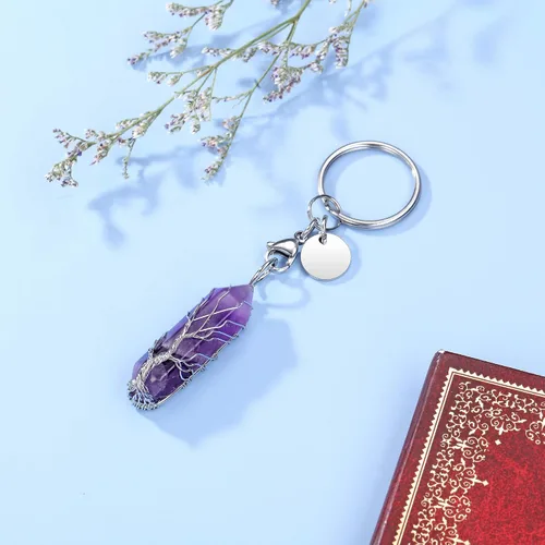 Vista 4 de GEHECRST Llavero de cristal envuelto en alambre con piedra curativa del árbol de la vida, llavero de piedras preciosas para regalo de mujer