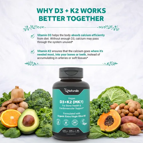 Vista 5 de Naturalis Vitamina vegana D3+K2 de algas 5000 UI D3 con 120 mcg MK7 Certificado de la sociedad vegana, de origen sostenible, mejor que