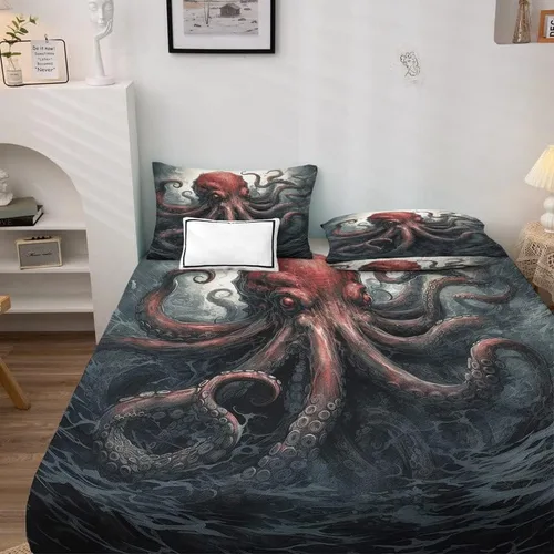 Vista 3 de Octopus Sheets - Juego de sábanas de tamaño individual, sábanas de microfibra suave, bolsillo profundo, sábanas y fundas de almohada estampadas sin