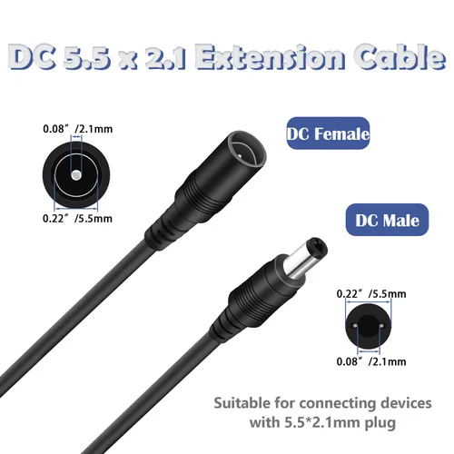 Vista 2 de 2PCS 16FT (16.4 ft) 12V DC Cable de extensión de alimentación Negro