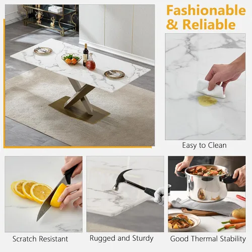 Vista 6 de Juego de mesa de comedor de mármol blanco de lujo para 4, 70 pulgadas, mesa de comedor de mármol blanco con 4 sillas de terciopelo gris y base