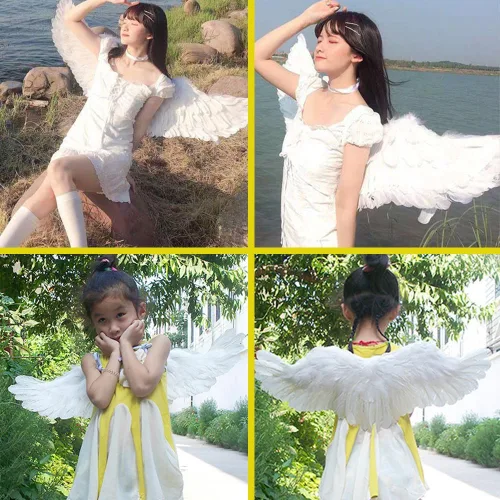 Vista 7 de Musdoney Alas de ángel, halo y palo mágico para niños, disfraz de ángel para adultos, alas de plumas utilizadas para Halloween, disfraz