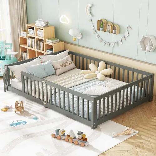 Vista 23 de Cama Montessori de tamaño matrimonial con tablillas, puerta y valla, cama Gris