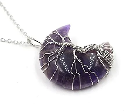 Vista 2 de COLORFUL BLING Collar con colgante de luna creciente envuelta en alambre de árbol de la vida, collar de piedra de cristal curativo de Reiki, joyería
