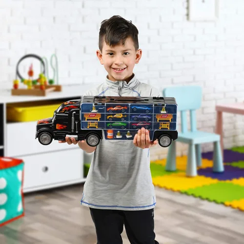 Vista 6 de Camión de Juguete Transportador de Autos - Incluye 6 Autos de Juguete y Accesorios, Cabe 28 Ranuras para Autos de Juguete - Gran Regalo para Niños