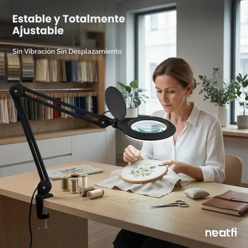 Vista 5 de Neatfi Lámpara de aumento bifocal LED de 1,200 lúmenes, lente de vidrio de 5 pulgadas, aumento doble 2.25X/6X, regulable, brazo ajustable con Negro