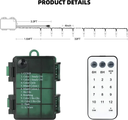 Vista 7 de 100 luces LED de color blanco cálido a multicolor de 33 pies, funciona con pilas, 8 modos, tira de luces para interiores y exteriores, para árbol