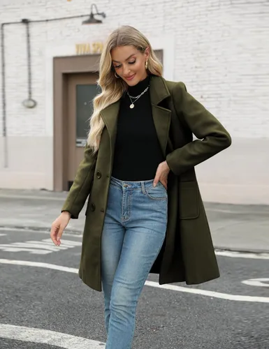 Vista 5 de Bankeng Chaqueta de solapa de doble botonadura con muesca para mujer, mezcla de lana de camello Verde Armada (ArmyGreen)