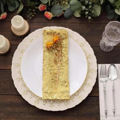 Vista 7 de Efavormart Servilletas de tela de cena con hojas de oro brillante y enredaderas bordadas con lentejuelas, servilletas decorativas transparentes