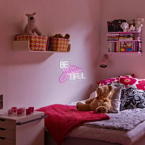 Vista 5 de Horseneon Letrero LED de neón con texto en inglés "Be You Tiful", rectangular, color rosa, 16.5 x 11.6 pulgadas, montaje en pared, tema de amor