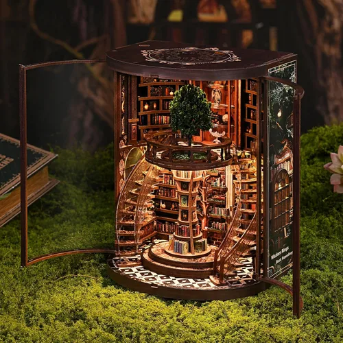 Vista 2 de ACOCO Kit de rincón de libro de biblioteca clásica, rompecabezas de madera 3D con luz LED, decoración de estantería en miniatura, regalo