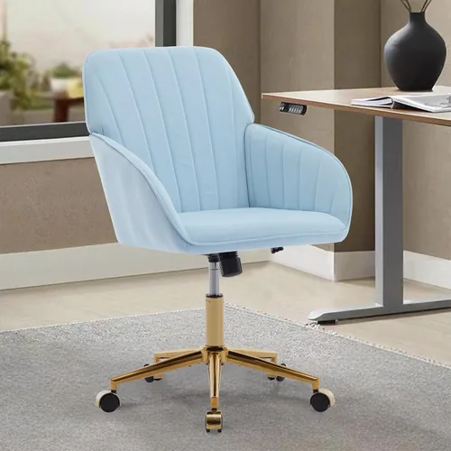 Vista 6 de Silla de oficina en casa de terciopelo con base dorada, cómoda y moderna silla de escritorio, silla giratoria ajustable para sala de estar