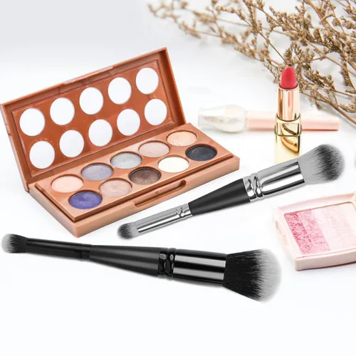 Vista 4 de Brocha de maquillaje de doble extremo, ideal para líquidos, crema, polvo, mezcla, pulido, corrector, (plata, negro) 2