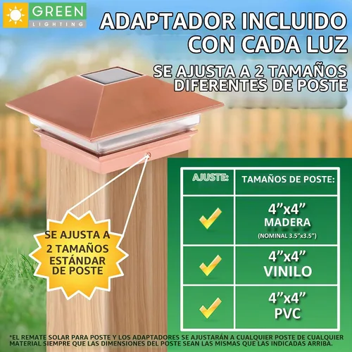 Vista 2 de Postes solares GreenLighting Nominal 4 x 4 Slim LED, lámpara con remate para postes de madera, Bronce Cobre