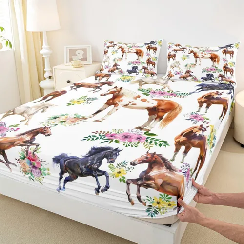 Vista 2 de Sábana bajera ajustable de caballo, sábanas de flores de animales de granja, tamaño individual para niños, adolescentes, adultos, dormitorio, juego