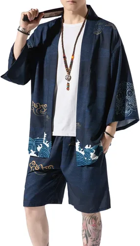 Vista 6 de PRIJOUHE Conjunto de kimono de estilo japonés para hombre, ligero, casual, siete mangas, frente abierto, cárdigan y pantalones cortos