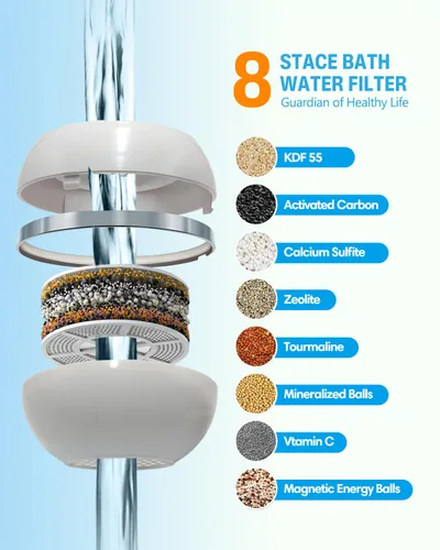 Vista 4 de Filtro de agua de baño para grifo de bañera, filtro de bola de bañera de 8 etapas para fregadero de baño, suavizante de agua dura de ducha de 2500