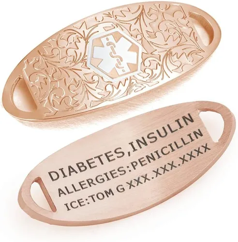 Vista 3 de Pulsera de identificación de alerta médica personalizable para mujeres de acero inoxidable intercambiable y elegante resistente al agua Oro rosa