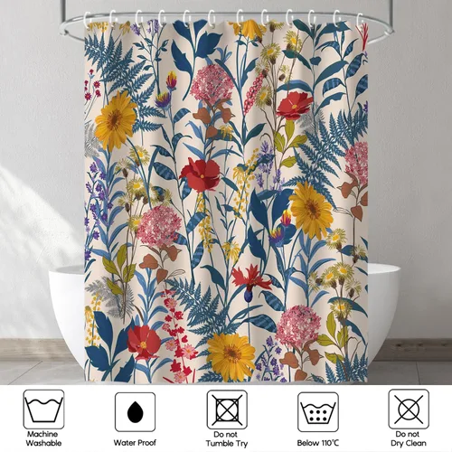 Vista 4 de RosieLily Cortinas de ducha, juego de cortinas de ducha florales con 12 ganchos, cortinas de ducha coloridas florales y hojas, decoración de baño