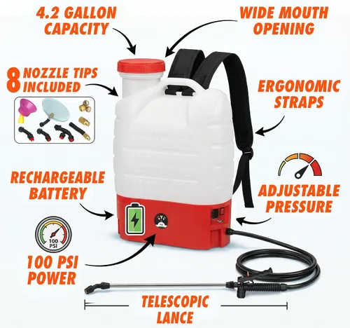 Vista 5 de Pulverizador de mochila alimentado por batería - 4.2 galones, 8 boquillas, corte de 100 PSI, batería de larga duración, boca ancha, manguera