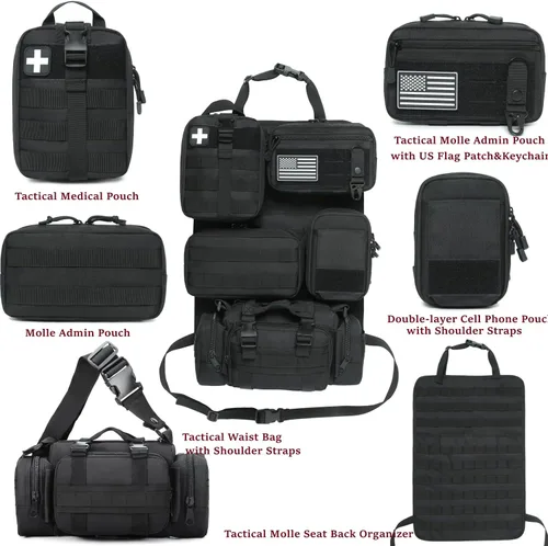 Vista 3 de Pack de 6 organizadores tácticos Molle para respaldo de asiento de coche - Organizador táctico de panel para vehículo con 5 bolsas Molle
