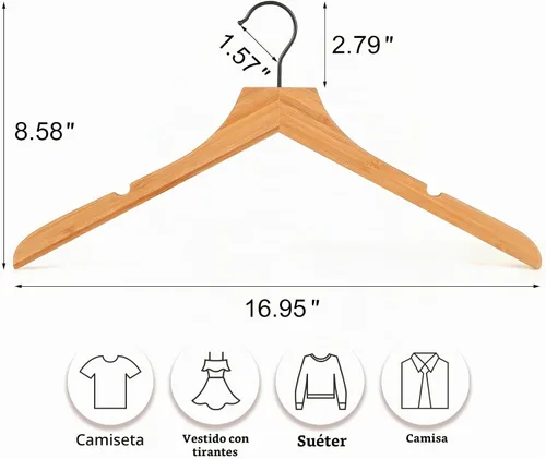 Vista 2 de TOPIA HANGER Perchas de madera de bambú, perchas con gancho negro giratorio y nothces de corte liso, juego de 12 perchas de madera duraderas