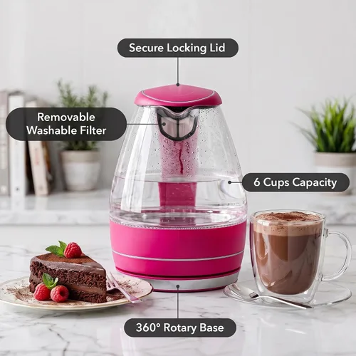 Vista 2 de OVENTE caldera de agua eléctrica de cristal de la caldera de 1.5L Rosa