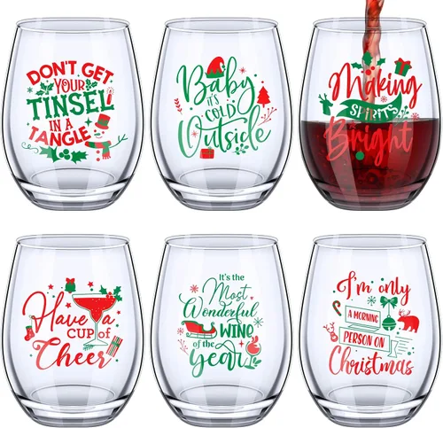 Vista 8 de Funtery 6 Piezas Vasos de Vino de Navidad sin Tallo, Divertido Juego de Regalo de Navidad para Maestros, Hombres, Mujeres, Familia, Amigos