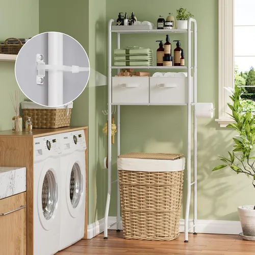 Vista 7 de Simple Trending Estante de almacenamiento sobre el inodoro con cajones, estante organizador de baño de metal de 3 niveles con soporte para papel y 3