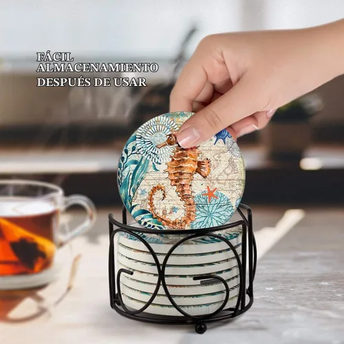 Vista 4 de Teivio Posavasos de piedra absorbente con temática de vida marina para bebidas, base de corcho con soporte, decoración costera con tema de playa