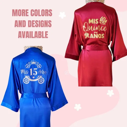 Vista 2 de Mis Quince Quinceañera - Bata de satén personalizada con nombre y fecha, diseño de purpurina con tiara, rosa, mariposa o símbolo de corona, bonita