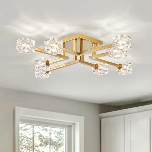 Vista 10 de XINGQI Lámpara de techo moderna de 6 luces, lámpara de montaje semiempotrado Sputnik, lámparas de araña doradas en negro para recámara, comedor