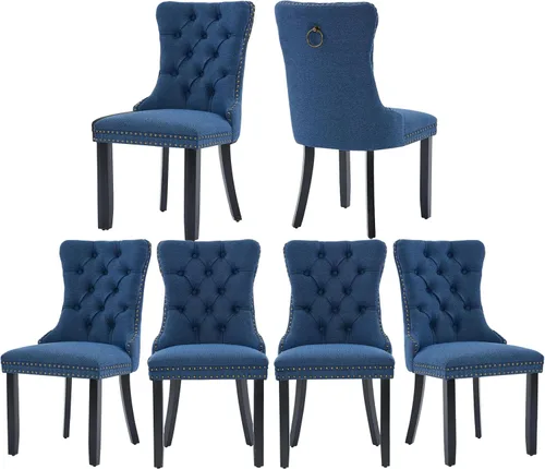 Vista 55 de Juego de 2 sillas de comedor de terciopelo, silla de comedor tapizada de alta gama con tirador de anillo en la espalda, adorno de clavos y patas
