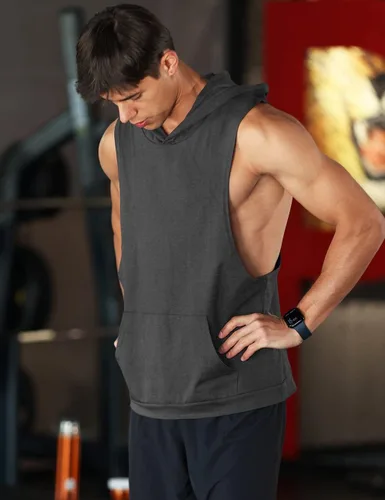 Vista 6 de Camiseta sin mangas con capucha para hombre, para gimnasio, fisicoculturismo, entrenamiento muscular, camiseta atlética