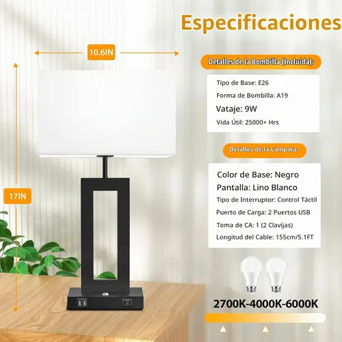 Vista 5 de Kondras Juego de 2 lámparas de mesa para dormitorios, 3 temperaturas de color, control táctil, lámparas de noche con 2 puertos USB y salida de CA