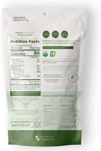 Vista 7 de ANCESTRAL Organics Proteína vegana en polvo, superalimento orgánico certificado por Sacha Inchi, 0.76 onzas de proteína a base de plantas, rico