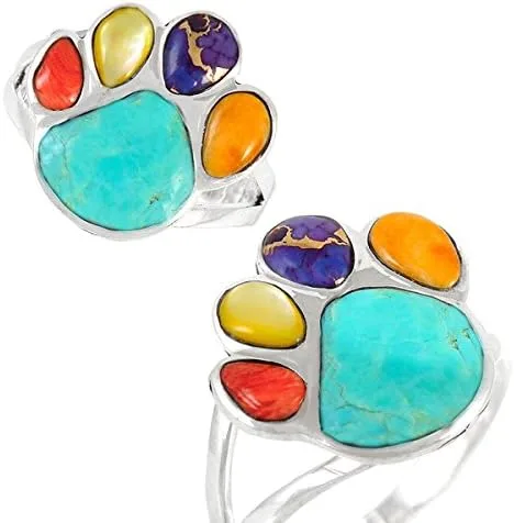 Vista 4 de Anillo de plata de ley 925 con diseño de pata de perro con turquesa auténtica (color seleccionado), Metal, Turquesa