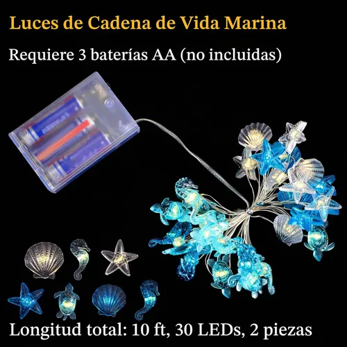 Vista 4 de Zhanmai 2 piezas de luces de cadena para decoración marina temática náutica de conchas y caballitos de mar para dormitorio, 10 pies, 30 luces LED