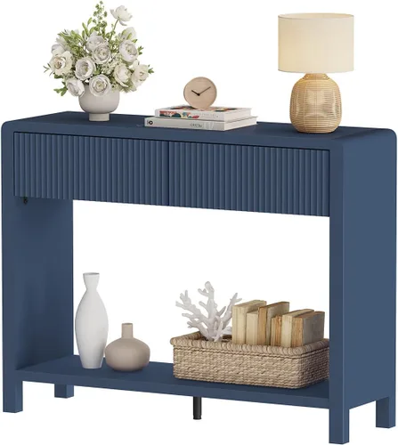 Vista 17 de Mesa consola estrecha con almacenamiento, mesa de sofá de madera para entrada, mesas de pasillo modernas de 39.37 pulgadas y mesas de sofá detrás