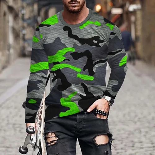 Vista 2 de Blusas de manga larga para hombre, diseño de camuflaje, camiseta elástica para fitness, informal, para entrenamiento, para hombre