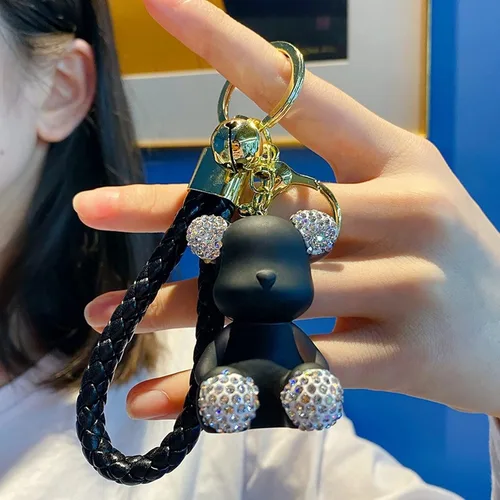 Vista 2 de Lindo llavero de oso de diamantes Kawaii con correa de muñeca para mujer y niña