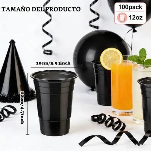 Vista 7 de Paquete de 100 vasos de plástico negros de 12 onzas, tazas de fiesta negras, copas de vino desechables transparentes para cumpleaños, picnics