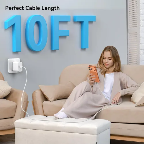 Vista 7 de Cable de carga USB C de 10 pies de largo, cable de carga rápida para iPhone con bloque de cargador de teléfono USBC, cargador tipo C súper rápido