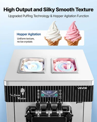 Vista 3 de VEVOR Máquina de helados comercial, rendimiento de 20-28 L/H, 2200 W 3 sabores para encimera de helado suave con 2 tolvas de 6 L y agitación