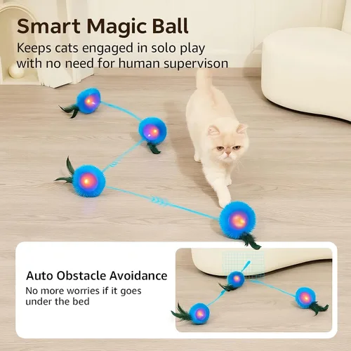 Vista 4 de Juguetes interactivos para gatos, tapete de juego con bolas de movimiento automático, luces LED, sonido de canto de pájaro, 3 niveles de velocidad